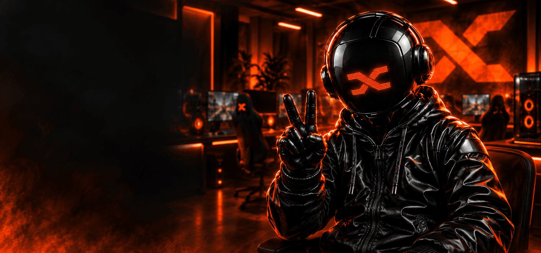 XFACTION mascot making a peace sign in an orange-lit gaming lounge