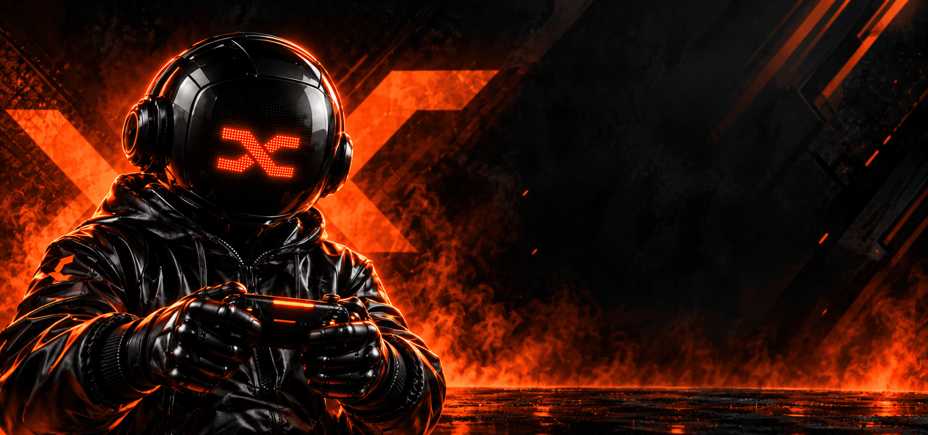 XFACTION mascot holding a controller, with an orange X glowing on the helmet screen